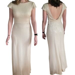 Bill Levkoff Ivory Sequined Evening Formal Maxi Dress Gown Size 2 scoop Back